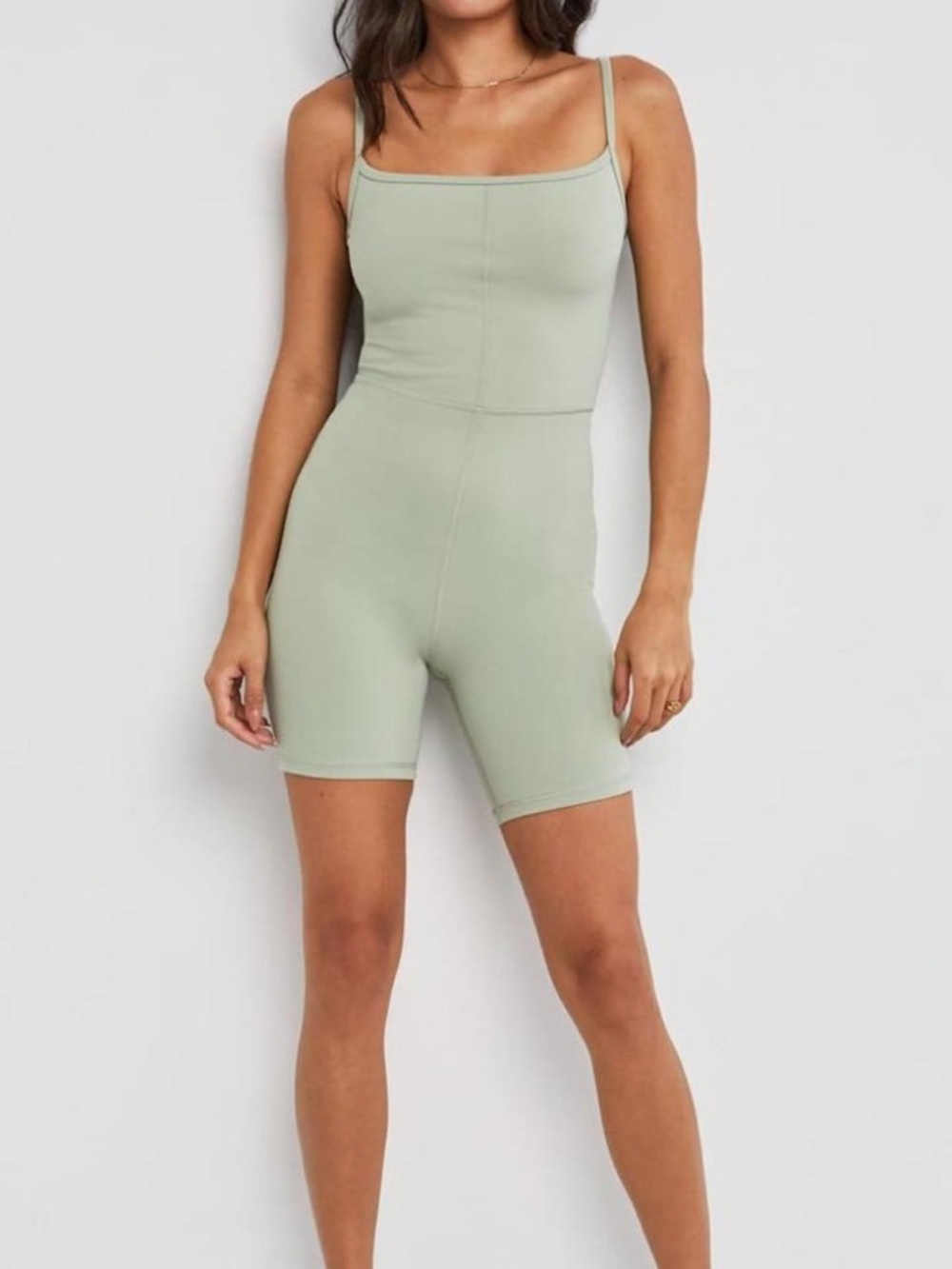 Aritzia Wilfred Free Divinity Romper 7” Bodysuit Mint Green Athletic Shorts Sz S